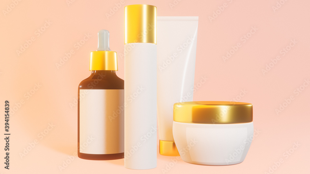 cosmetic jars with gold inserts on a pastel pink background, banner, mockup cosmetic jars with gold inserts on a pastel pink background, banner, mockup
