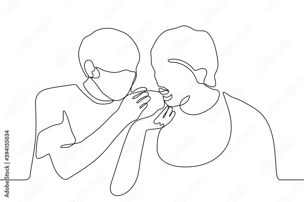 man in a mask feeds an old man from a spoon. one line drawing concept social worker feeding disabled old man man in a mask feeds an old man from a spoon. one line drawing concept social worker feeding disabled old man