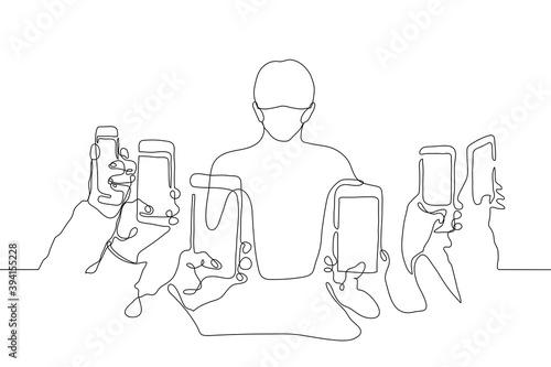 man in a mask is surrounded by people who are filming him. one line drawing social transparency concept, internet surveillance, social media harassment, public person life