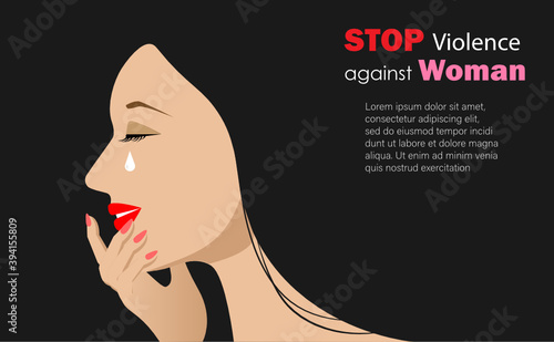 Woman crying and wiping her tears. Stop violence against woman, sexual harrasment, social bullying and domestic abuse concept. Idea for banner template or website poster. Vector.