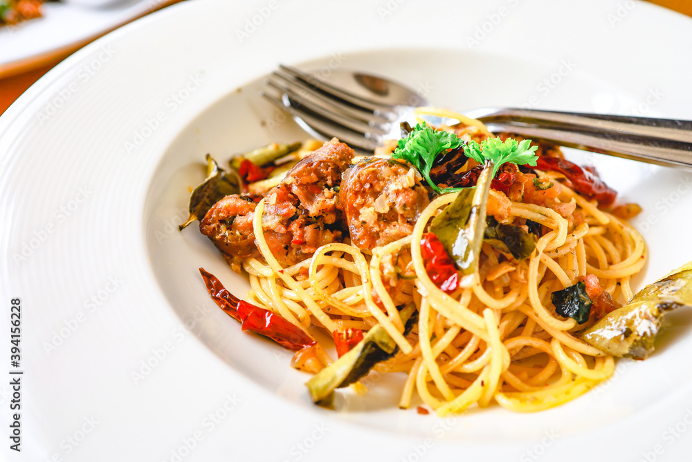 Delicious spaghetti food in restaurant. Tasty spaghetti pasta