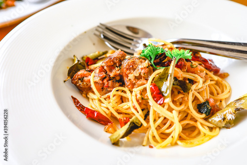 Delicious spaghetti food in restaurant. Tasty spaghetti pasta
