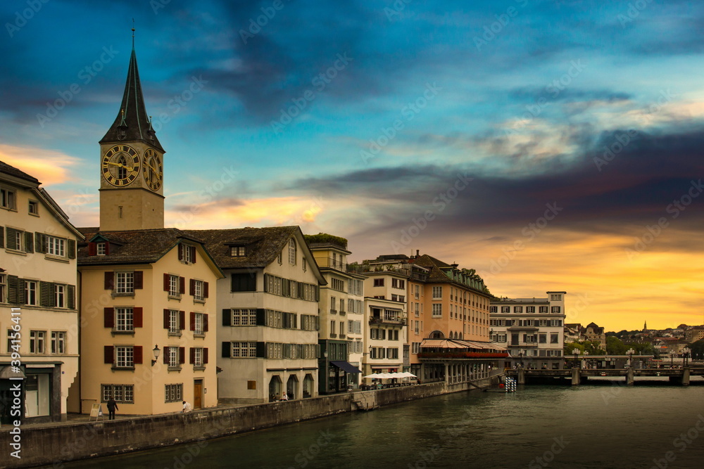 Naklejka premium Limmat river in Zurich. Summer evening. Switzerland.