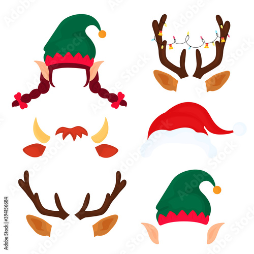 Christmas antlers with light garland, elf hat and ears, bull horns. Funny masks