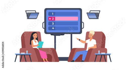 Television show. Recording intellectual TV program in studio. Presenter asking quiz questions, man gives answers. People sitting in armchairs, multiple choice screen. Vector erudition game concept