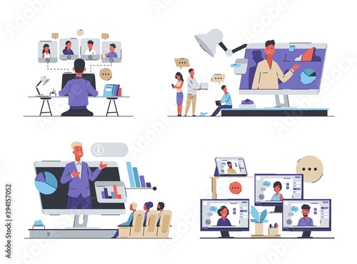 Online conference. Business meeting and video call with friends. Freelance or work in office. Human remote communication, smart technology to education and connection. Vector web chatting isolated set