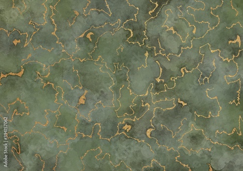 Abstract green background with watercolor stains and a shiny golden streaks. 