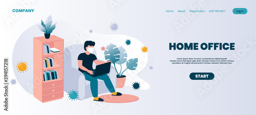 Home office landing page. Coronavirus isolation concept and remote jobs or freelance occupation. Cartoon man working with laptop. Wearing individual protective mask. Vector website interface template