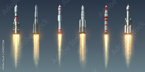 Rocket launch. Realistic spaceship with takeoff smoke track and fire burst. Spacecraft with steam jet trace. Collection of going up space vehicles. Shuttles of various designs, vector isolated set