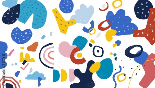 Modern doodle background. Abstract trendy geometric layout with scribble symbols. Bright colors organic contemporary forms applique wallpaper. Vector hand drawn pattern with geometry symbols on white