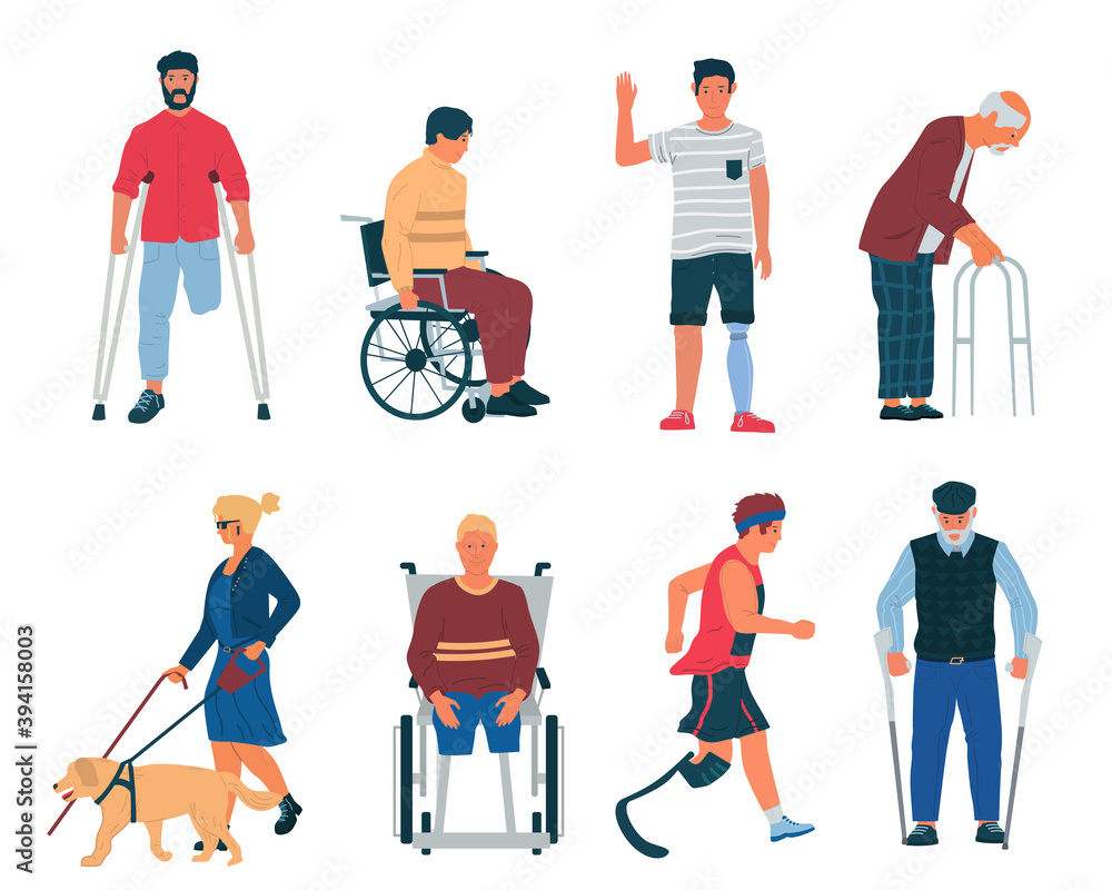 Disabled persons. Cartoon people with disabilities, in wheelchair, with cane, plaster and crutches. Men and women with limb injuries, blindness or old. Physical therapy and medical care, vector set