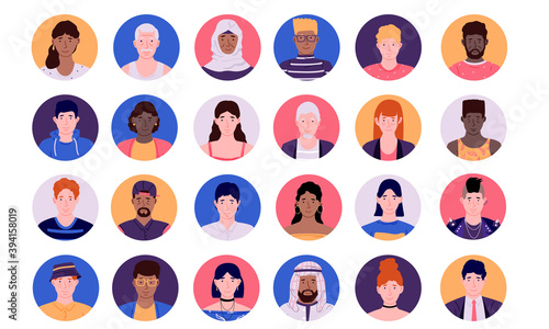 People face avatars. Cartoon smiley multiethnic persons, social media male and female profile circle icons collection, modern minimal colorful group of diverse human. Vector isolated simple heads set