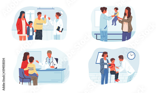 Pediatrician. Cartoon mother with children at doctors appointment. Medical consultation and examination. Family clinic advertising template, treatment and medicine service. Vector healthcare scene set