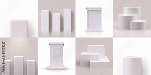 White pedestal. Realistic pillar stand or empty 3D block podium stage for gallery. Blank rectangle shape and cylinder. Collection geometric tribunes, platforms for museum exhibit. Vector template set