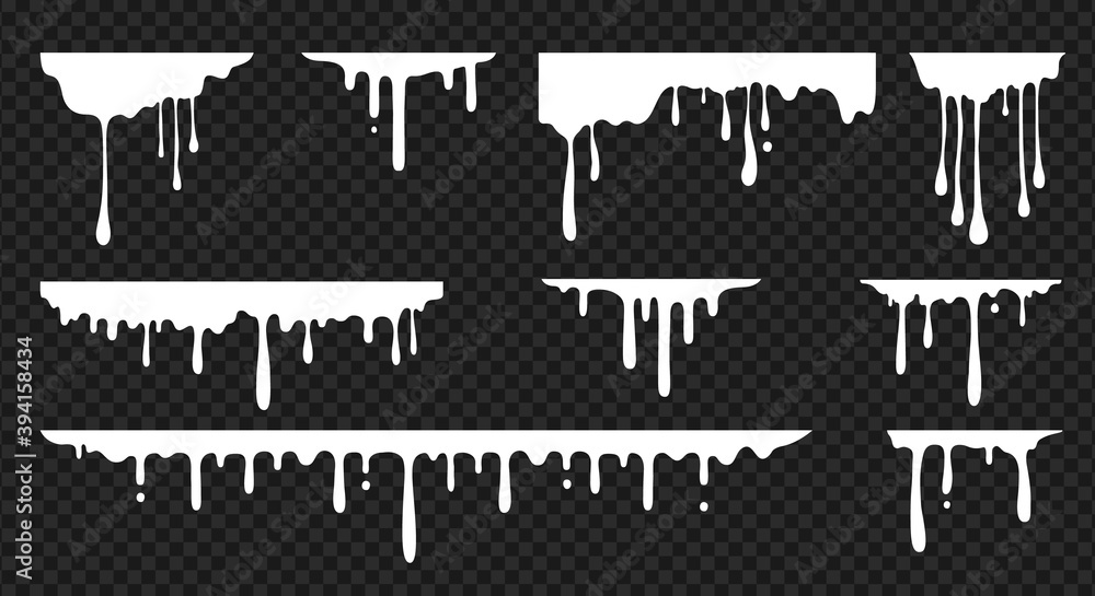 Fototapeta premium White dripping stain. Realistic melt drips. Liquid texture, horizontal paint splash. Daily products, syrup or sauce blobs. Mockup of flow down effects on transparent background. Vector templates set