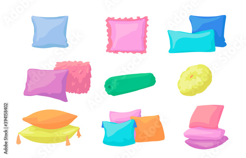 Cartoon pillows. Decorative bedroom elements. Colorful round or square with tassels cushions and roller for bed and sofa. Home interior soft objects with synthetic and natural filler, vector cozy set