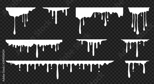White dripping stain. Realistic melt drips. Liquid texture, horizontal paint splash. Daily products, syrup or sauce blobs. Mockup of flow down effects on transparent background. Vector templates set