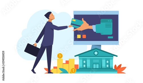 Online bank. Finance computer or mobile app concept. Debit and credit cards, payments or financial transactions. Digital accounting for business. E-commerce web service. Vector internet platform