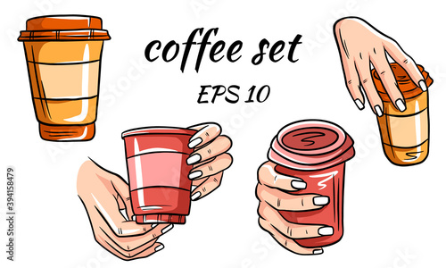 Set vector of coffee. Coffee in hand.