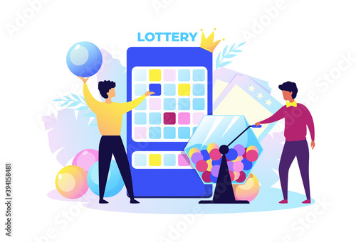 Lottery. Cartoon people raffling prizes. Men twist box and get out winning balls. Casino or television show. Promotion and gambling, lucky chance and jackpot. Vector play out presents or money concept