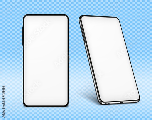 Phone mock up white. Two cellphone design 3d mockups with white screens. Vector illustration smartphone isolated on transparent background