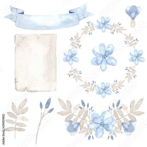 Watercolor set for greeting design of newborn baby boy. Also perfect for printing, web design, scrap paper, souvenirs and other creative ideas.