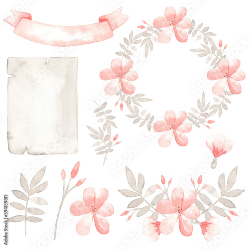 Watercolor set for greeting design of a newborn baby girl. Also perfect for printing, web design, scrap paper, souvenirs and many other creative projects.