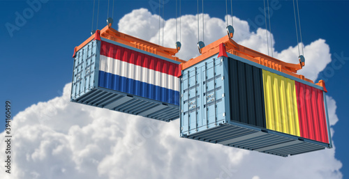 Freight containers with Netherlands and Belgium national flags. 3D Rendering 