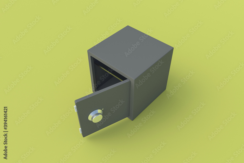 Open empty black safe for cash or documents on yellow background. Save money and investments. Bank loan or deposit. 3d rendering Open empty black safe for cash or documents on yellow background. Save money and investments. Bank loan or deposit. 3d rendering