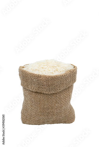rice in a hemp bag on a white background close up