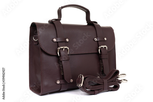 handbag made of genuine leather close up on a white background
