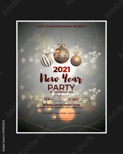 Vector illustration of New Year 2021 party invitation poster with beautiful bokeh background, New year DJ party poster , flyer, big party, free drinks & food, dj night, disco night