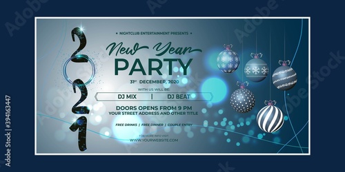 Vector illustration of New Year 2021 party invitation poster with beautiful bokeh background, New year DJ party poster , flyer, big party, free drinks & food, dj night, disco night