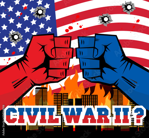 Republican vs Democrat fists for American president on background burned city and US flag . Vector