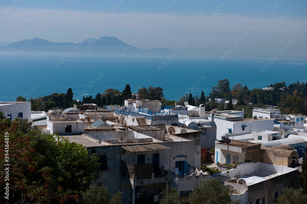 Tunesien Tunis Hafen Schiffe Meer blau Berge baues Dorf
Häuser Nebel