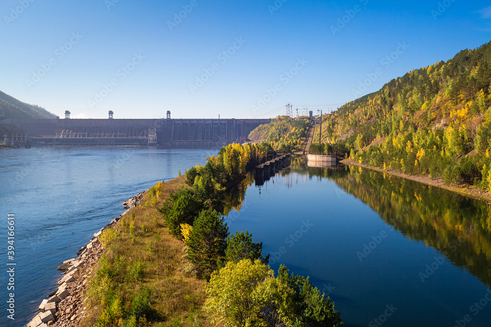 View of the hydroelectric dam on the Yenisei River