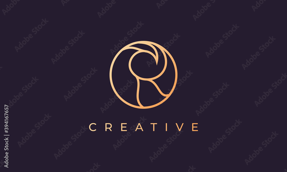 Obraz premium Elegant gold line logo design with simple and modern shape of ocean wave in a circle
