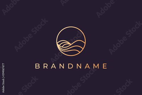 Luxury gold line logo design with simple and modern shape of sea water wave in a circle