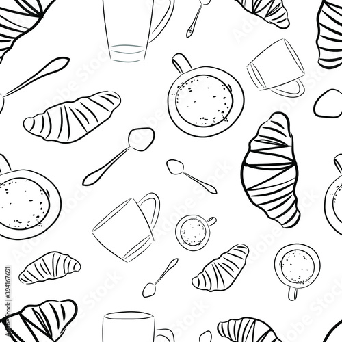 Seamless pattern of croissants, cups and spoons for fashion prints, textiles, covers, gift wrapping, postcards.