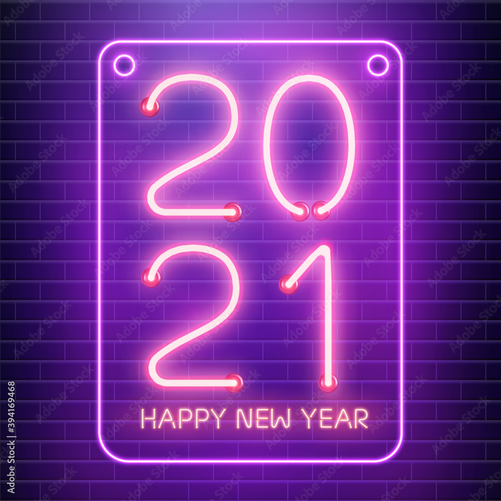 2021 Happy New Year neon lamps on brick wall. Pink neon on blue brick background. Vector illustration.