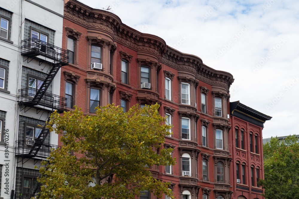 Naklejka premium Row of Colorful Old Brownstone Residential Buildings in Hoboken New Jersey