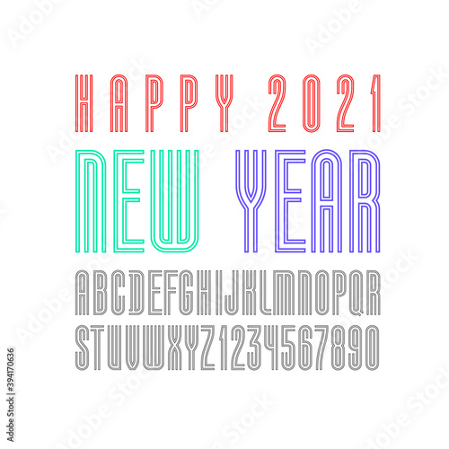 Colored font from thin line, modern alphabet sans serif, condensed letters and numbers, vector illustration 10EPS