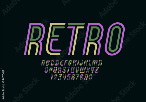 Striped font sans serif, alphabet from two parallel stripes, italic letters and numbers, vector illustration 10EPS