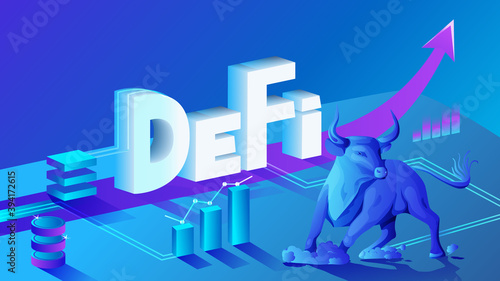 Vector illustration isometric composition of cryptocurrency and blockchain with decentralized finance defi and bull. Bullish market, charts and up arrows.