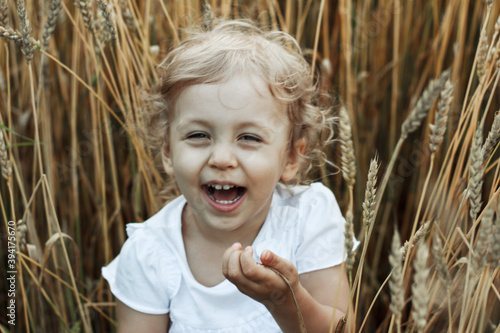 A little curly fair haired girl in a white T-shirt is sitting on wheat field laughing and looking playfully close up portrait