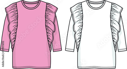 DRESS fashion flat sketch. Dress with ruffle detail