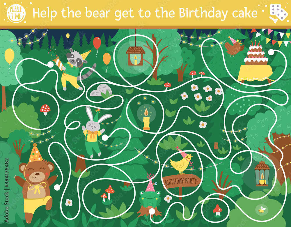 Birthday surprise party maze for children. Preschool holiday printable educational activity. Funny puzzle with cute woodland animal. Help the bear get to the Birthday cake. Forest game for kids. . Birthday surprise party maze for children. Preschool holiday printable educational activity. Funny puzzle with cute woodland animal. Help the bear get to the Birthday cake. Forest game for kids. .