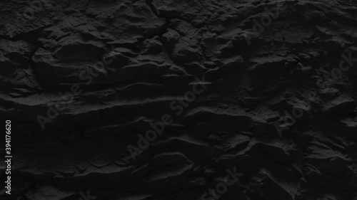 Black abstract landscape with mountains. Dark 3D render of earth relief. Detailed elevation surface. 3D render illustration