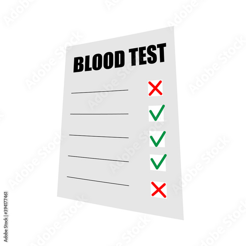 Blood test results on paper. The result of a medical test. Document with check marks and crosses. Vector illustration.