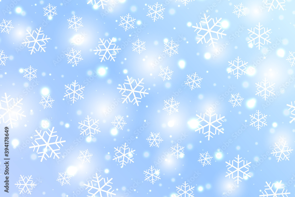 Christmas background with snowflakes. Snowfall on a festive blue background.